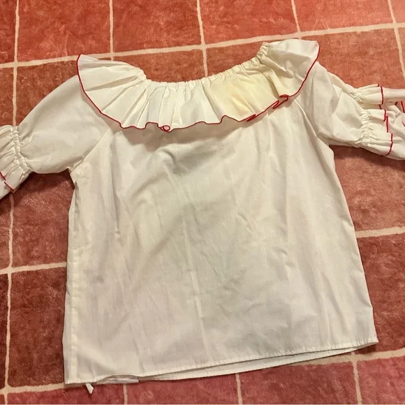 Women's White Ruffle Off-Shoulder Blouse with Red Trim - Picture 2 of 3